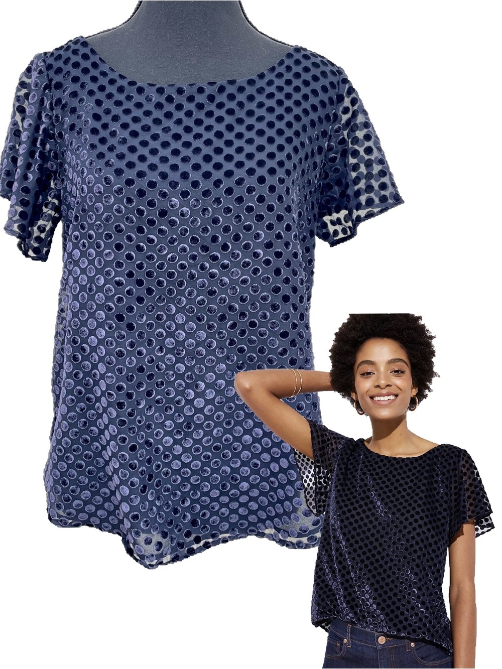 Loft Velvet Burnout Dot Top Sheer Nautical Navy Blue Flutter Sleeve Small EUC